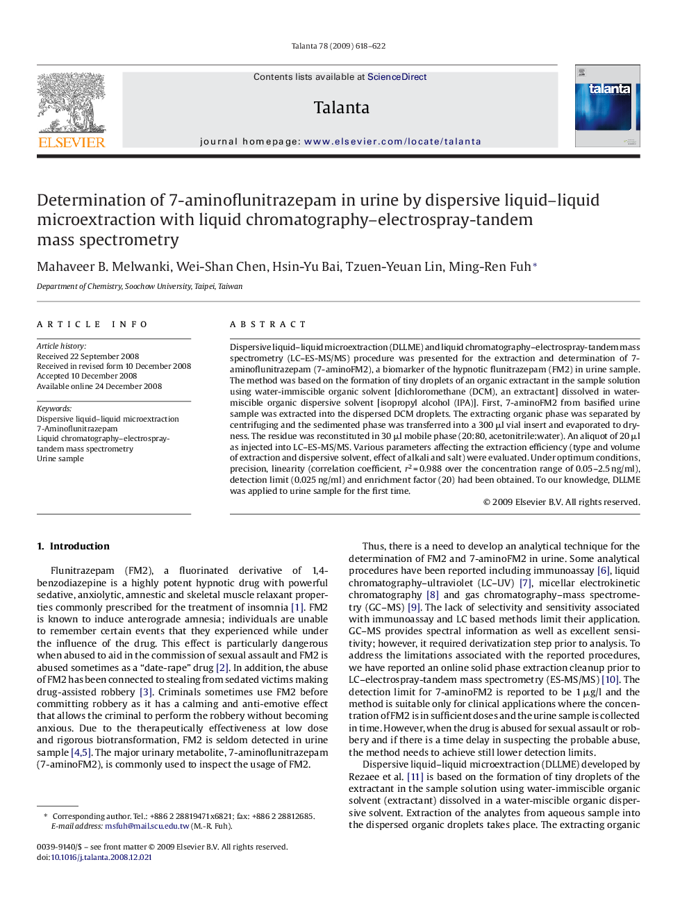 Determination of 7-aminoflunitrazepam in urine by dispersive liquid–liquid microextraction with liquid chromatography–electrospray-tandem mass spectrometry