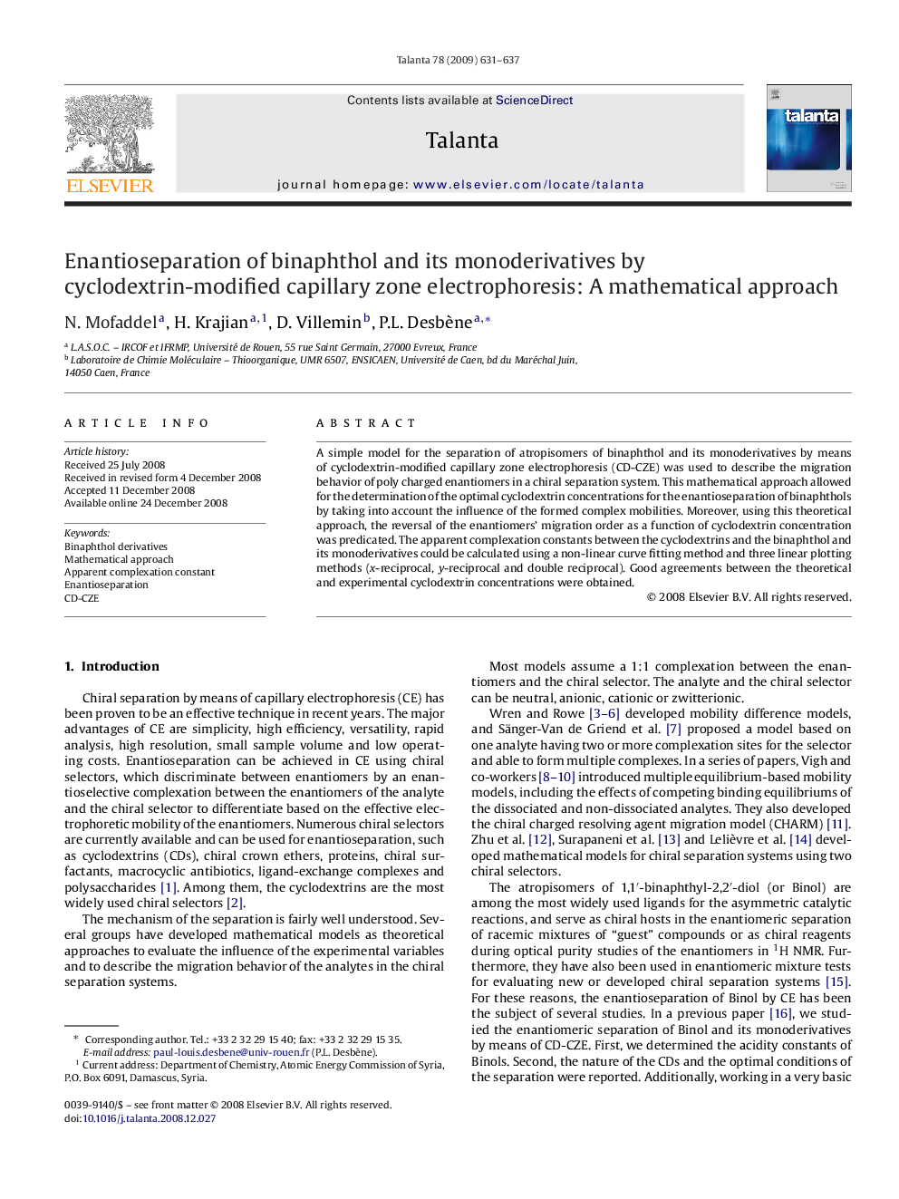 Enantioseparation of binaphthol and its monoderivatives by cyclodextrin-modified capillary zone electrophoresis: A mathematical approach