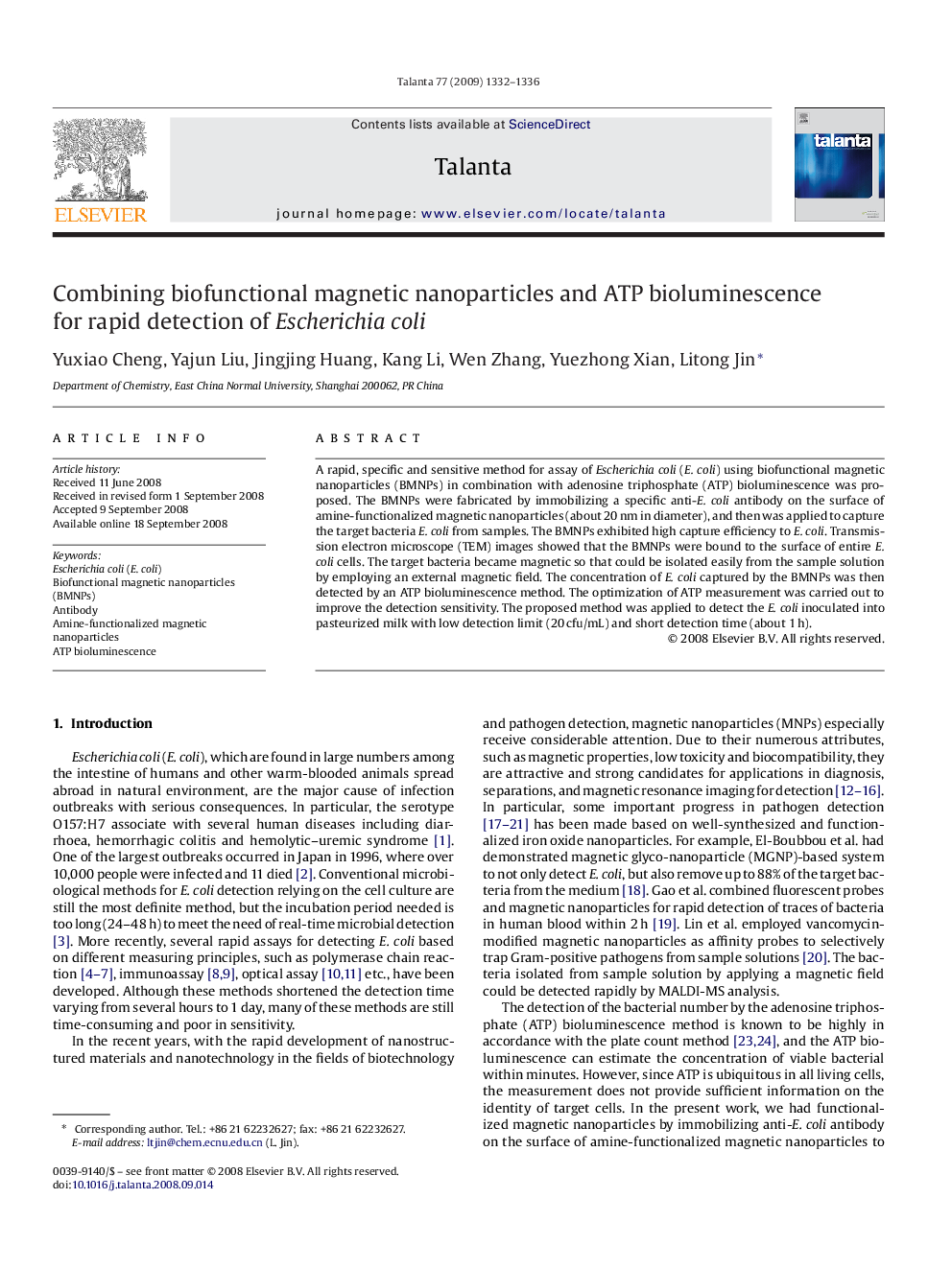 Combining biofunctional magnetic nanoparticles and ATP bioluminescence for rapid detection of Escherichia coli