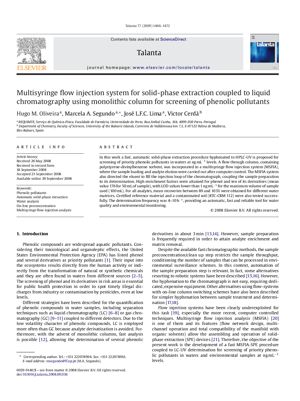 Multisyringe flow injection system for solid-phase extraction coupled to liquid chromatography using monolithic column for screening of phenolic pollutants