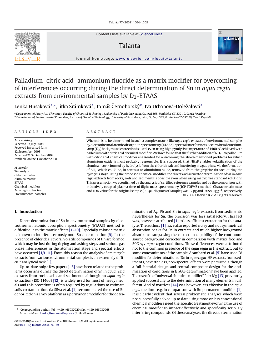 Palladium-citric acid-ammonium fluoride as a matrix modifier for overcoming of interferences occurring during the direct determination of Sn in aqua regia extracts from environmental samples by D2-ETAAS