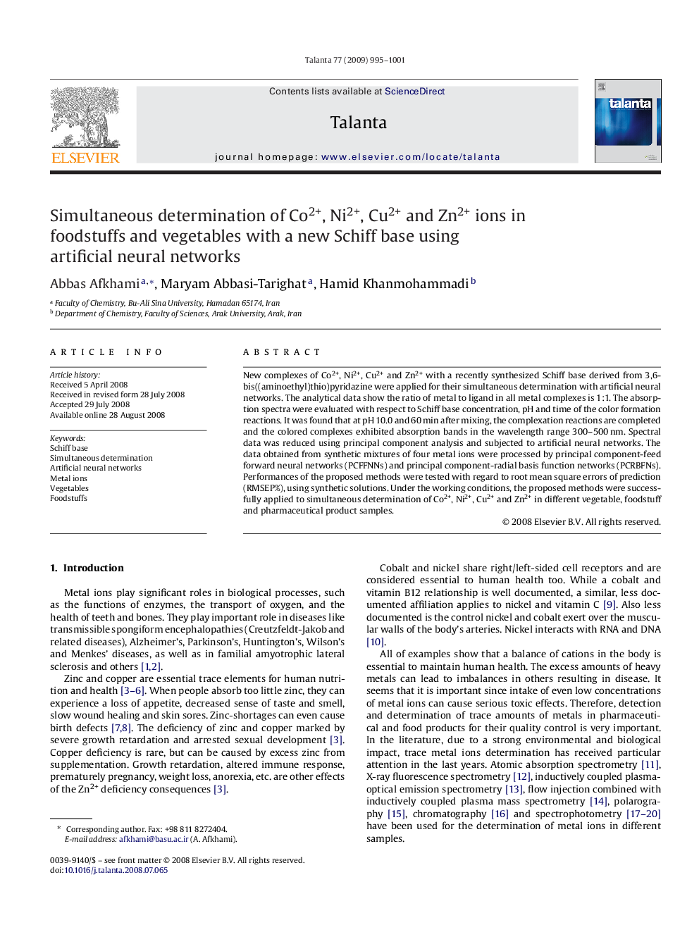 Simultaneous determination of Co2+, Ni2+, Cu2+ and Zn2+ ions in foodstuffs and vegetables with a new Schiff base using artificial neural networks