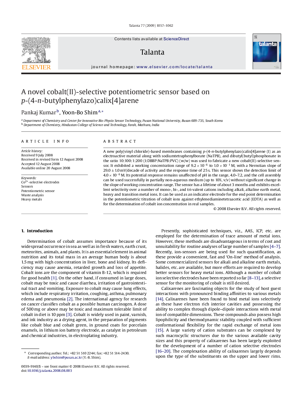 A novel cobalt(II)-selective potentiometric sensor based on p-(4-n-butylphenylazo)calix[4]arene