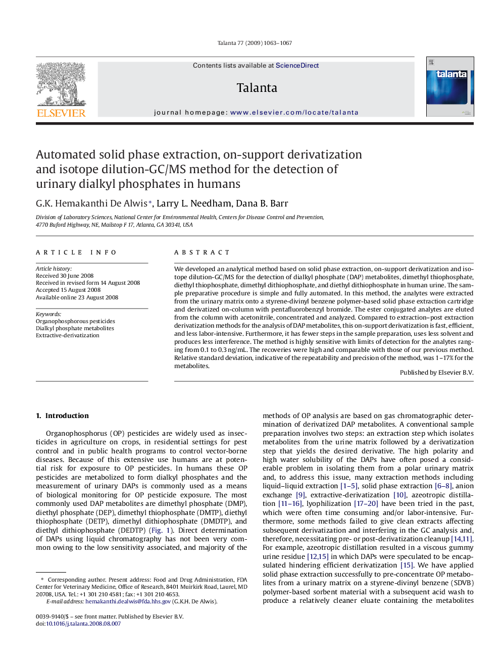 Automated solid phase extraction, on-support derivatization and isotope dilution-GC/MS method for the detection of urinary dialkyl phosphates in humans