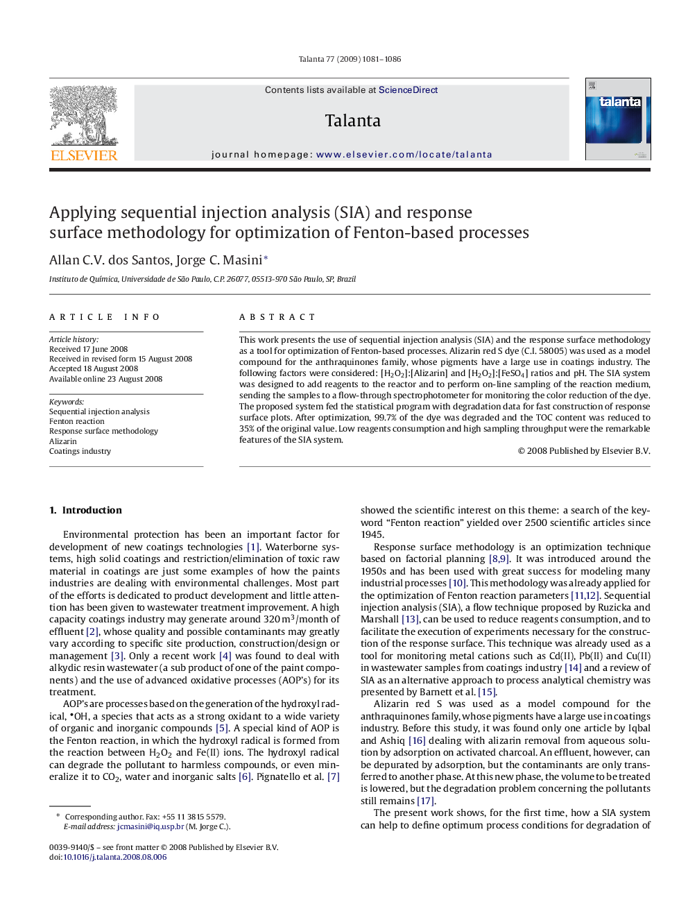 Applying sequential injection analysis (SIA) and response surface methodology for optimization of Fenton-based processes