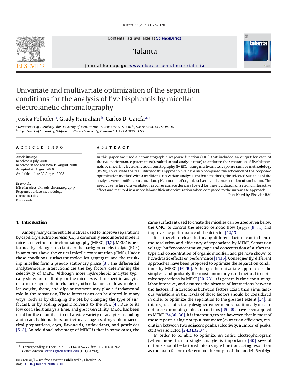 Univariate and multivariate optimization of the separation conditions for the analysis of five bisphenols by micellar electrokinetic chromatography