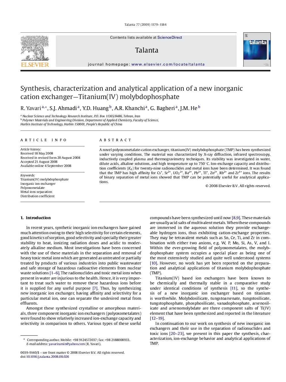 Synthesis, characterization and analytical application of a new inorganic cation exchanger—Titanium(IV) molybdophosphate