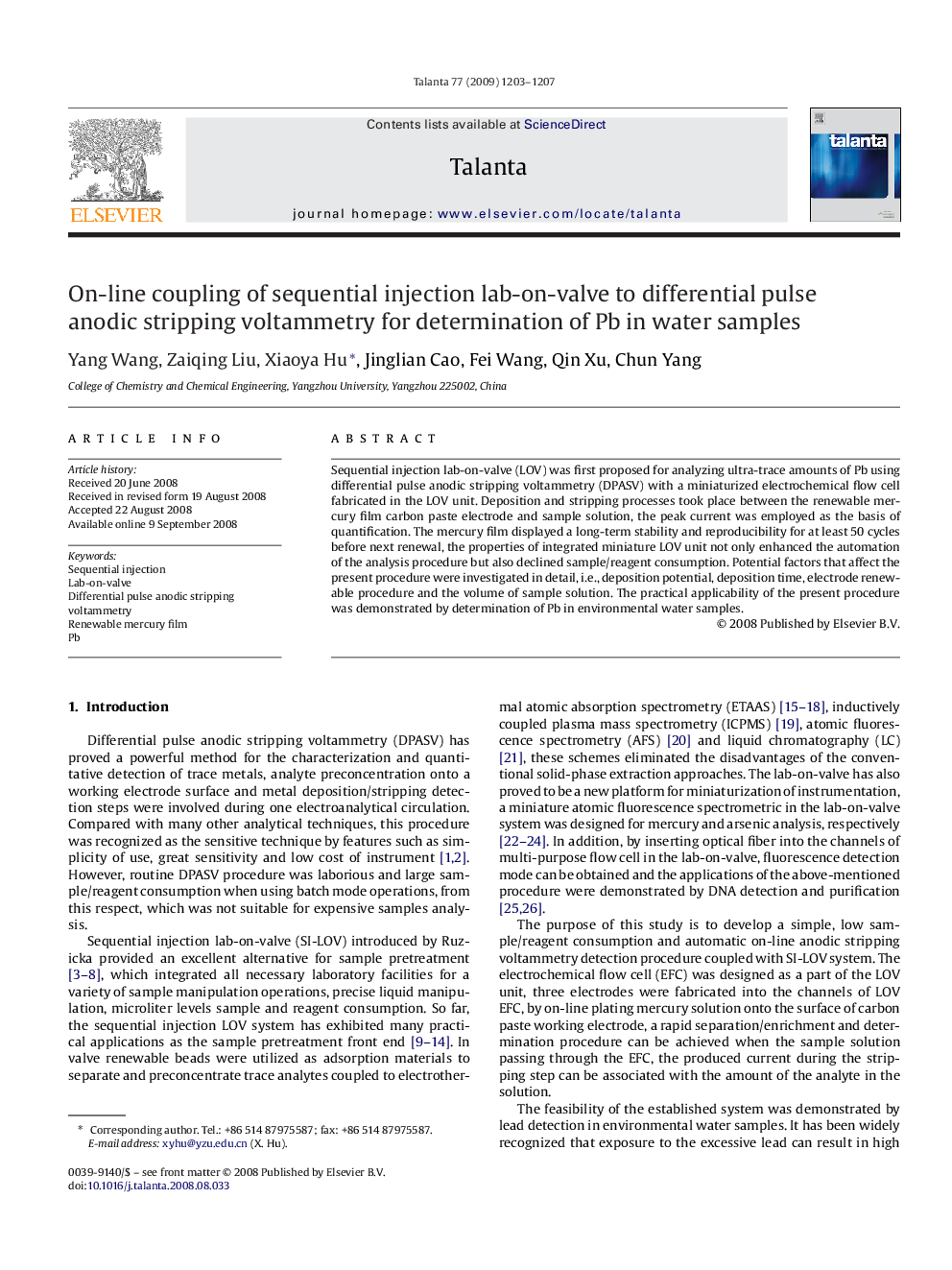 On-line coupling of sequential injection lab-on-valve to differential pulse anodic stripping voltammetry for determination of Pb in water samples