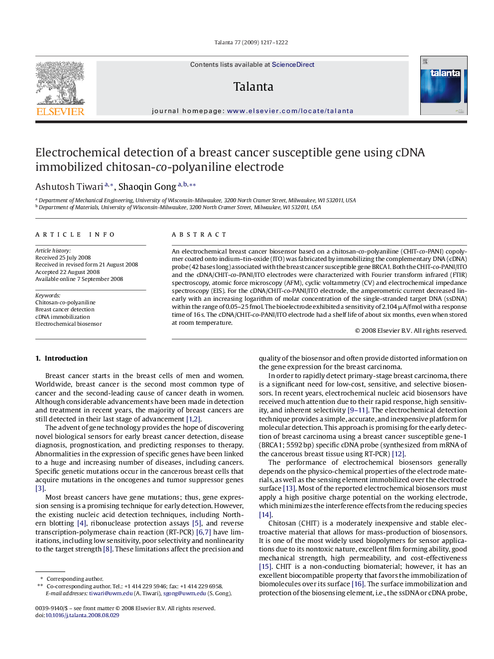 Electrochemical detection of a breast cancer susceptible gene using cDNA immobilized chitosan-co-polyaniline electrode