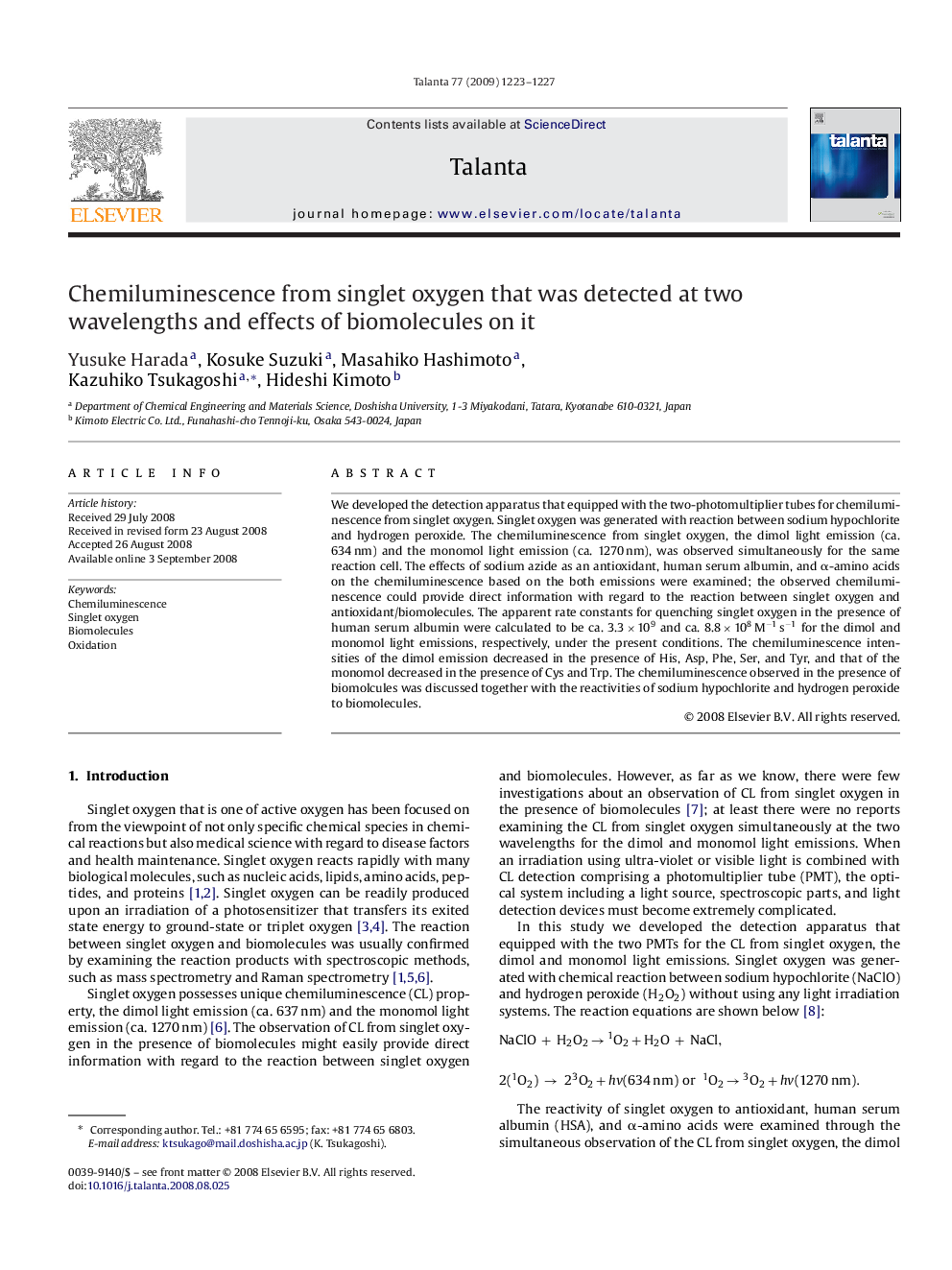 Chemiluminescence from singlet oxygen that was detected at two wavelengths and effects of biomolecules on it