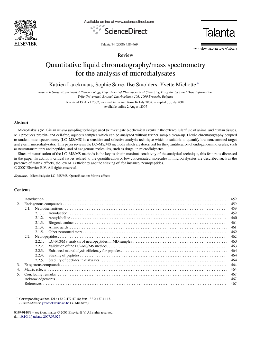 Quantitative liquid chromatography/mass spectrometry for the analysis of microdialysates