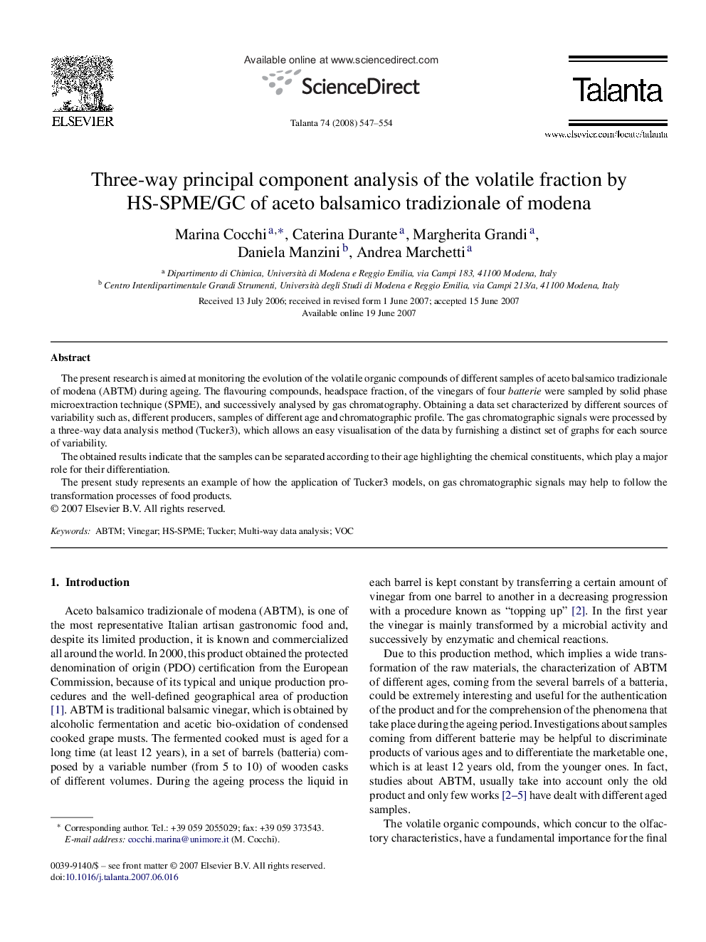 Three-way principal component analysis of the volatile fraction by HS-SPME/GC of aceto balsamico tradizionale of modena