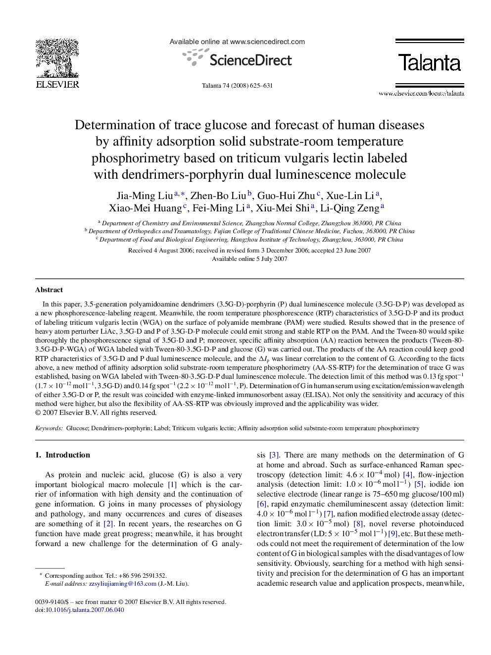 عکس صفحه اول مقاله: Determination of trace glucose and forecast of human diseases by affinity adsorption solid substrate-room temperature phosphorimetry based on triticum vulgaris lectin labeled with dendrimers-porphyrin dual luminescence molecule Determination of trace glucose and forecast of human diseases by affinity adsorption solid substrate-room temperature phosphorimetry based on triticum vulgaris lectin labeled with dendrimers-porphyrin dual luminescence molecule