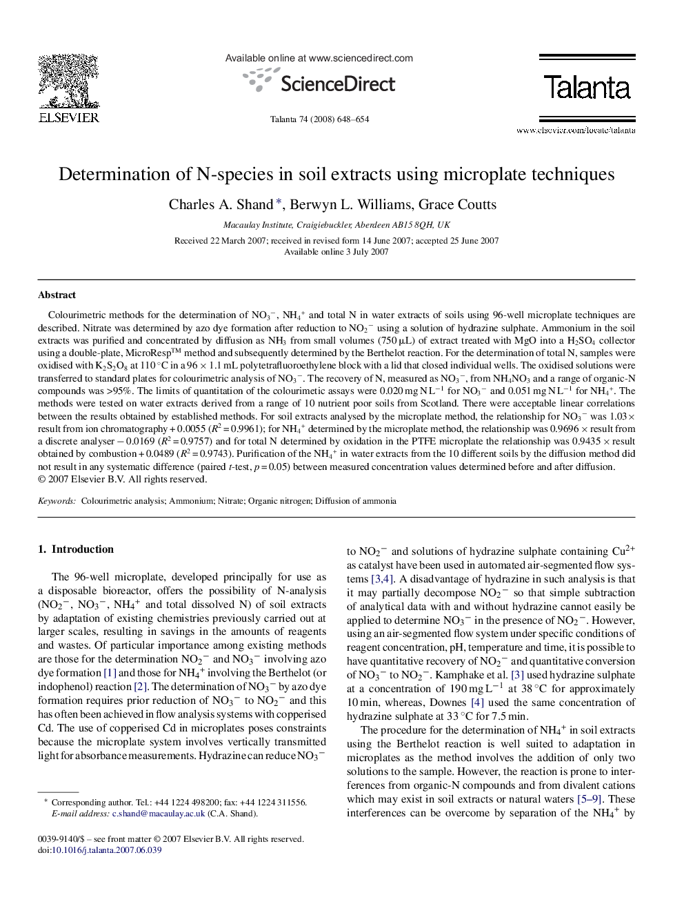 Determination of N-species in soil extracts using microplate techniques