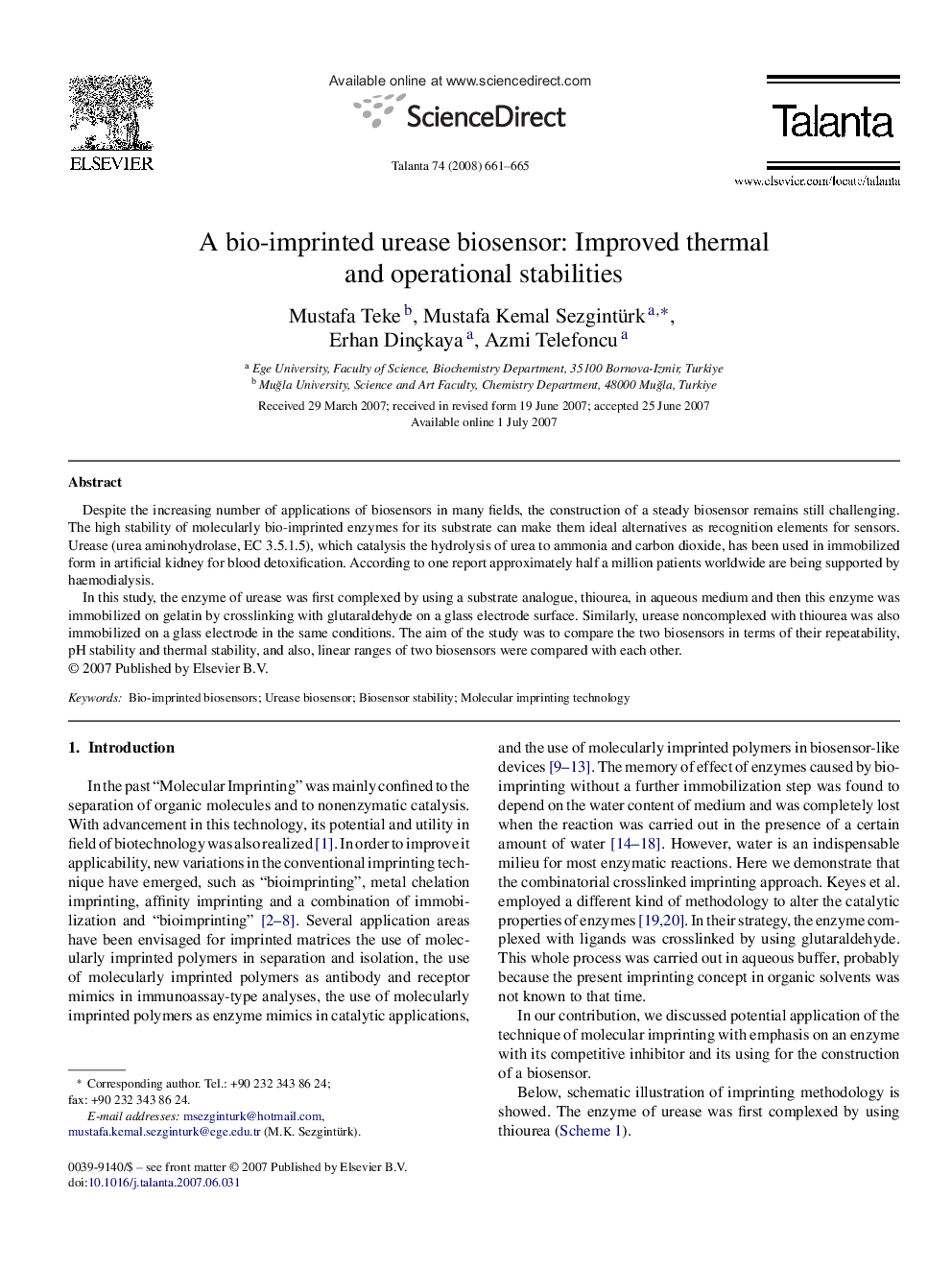 A bio-imprinted urease biosensor: Improved thermal and operational stabilities