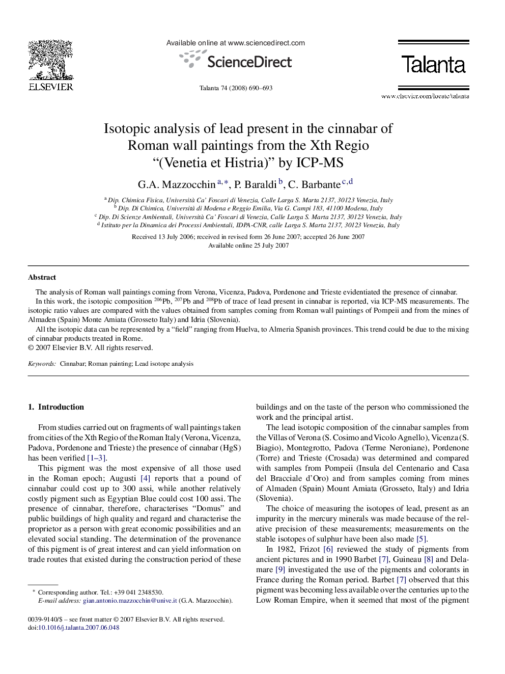 Isotopic analysis of lead present in the cinnabar of Roman wall paintings from the Xth Regio “(Venetia et Histria)” by ICP-MS