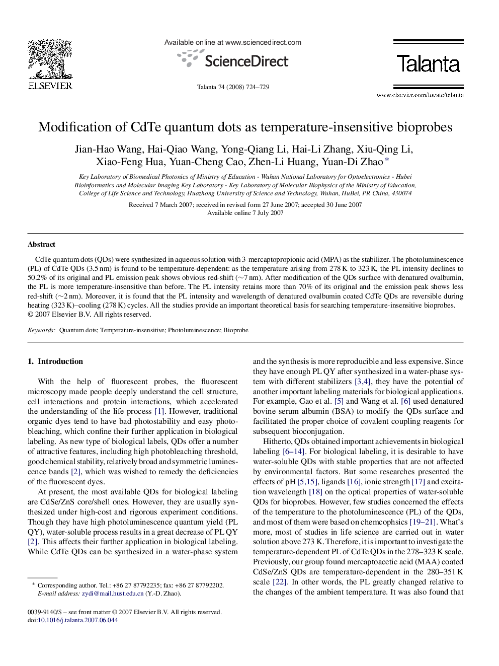 Modification of CdTe quantum dots as temperature-insensitive bioprobes