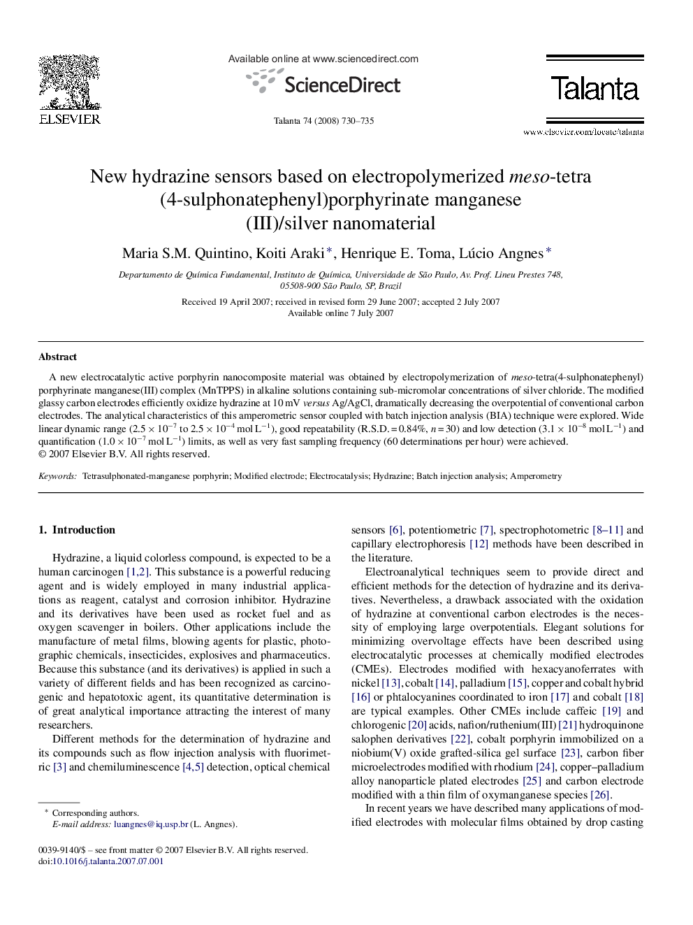 New hydrazine sensors based on electropolymerized meso-tetra(4-sulphonatephenyl)porphyrinate manganese(III)/silver nanomaterial