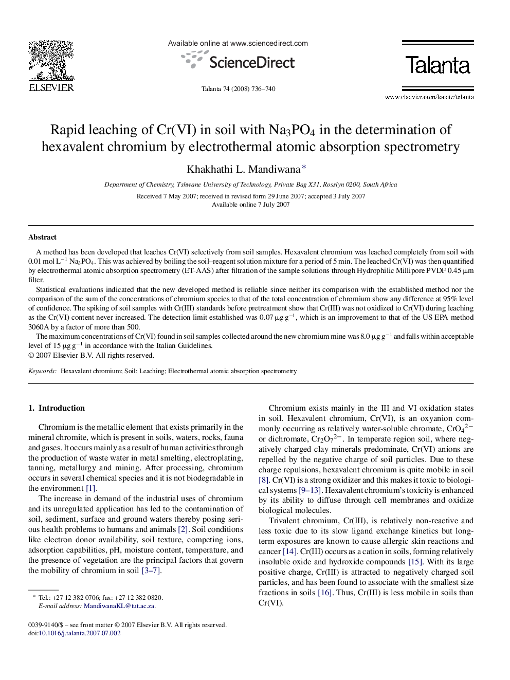 Rapid leaching of Cr(VI) in soil with Na3PO4 in the determination of hexavalent chromium by electrothermal atomic absorption spectrometry