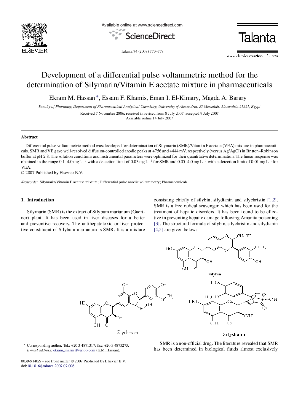 Development of a differential pulse voltammetric method for the determination of Silymarin/Vitamin E acetate mixture in pharmaceuticals