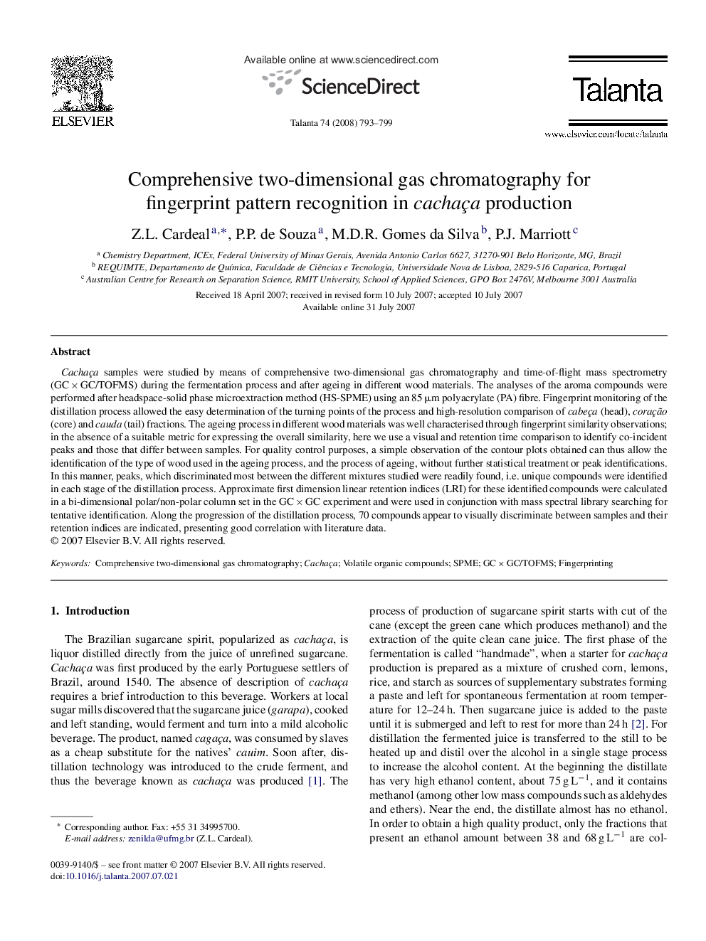 Comprehensive two-dimensional gas chromatography for fingerprint pattern recognition in cachaça production