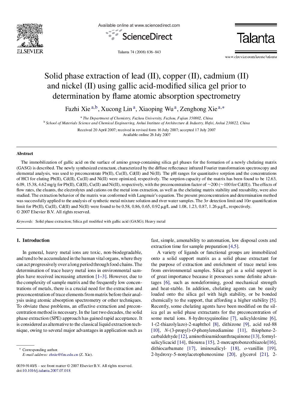 Solid phase extraction of lead (II), copper (II), cadmium (II) and nickel (II) using gallic acid-modified silica gel prior to determination by flame atomic absorption spectrometry