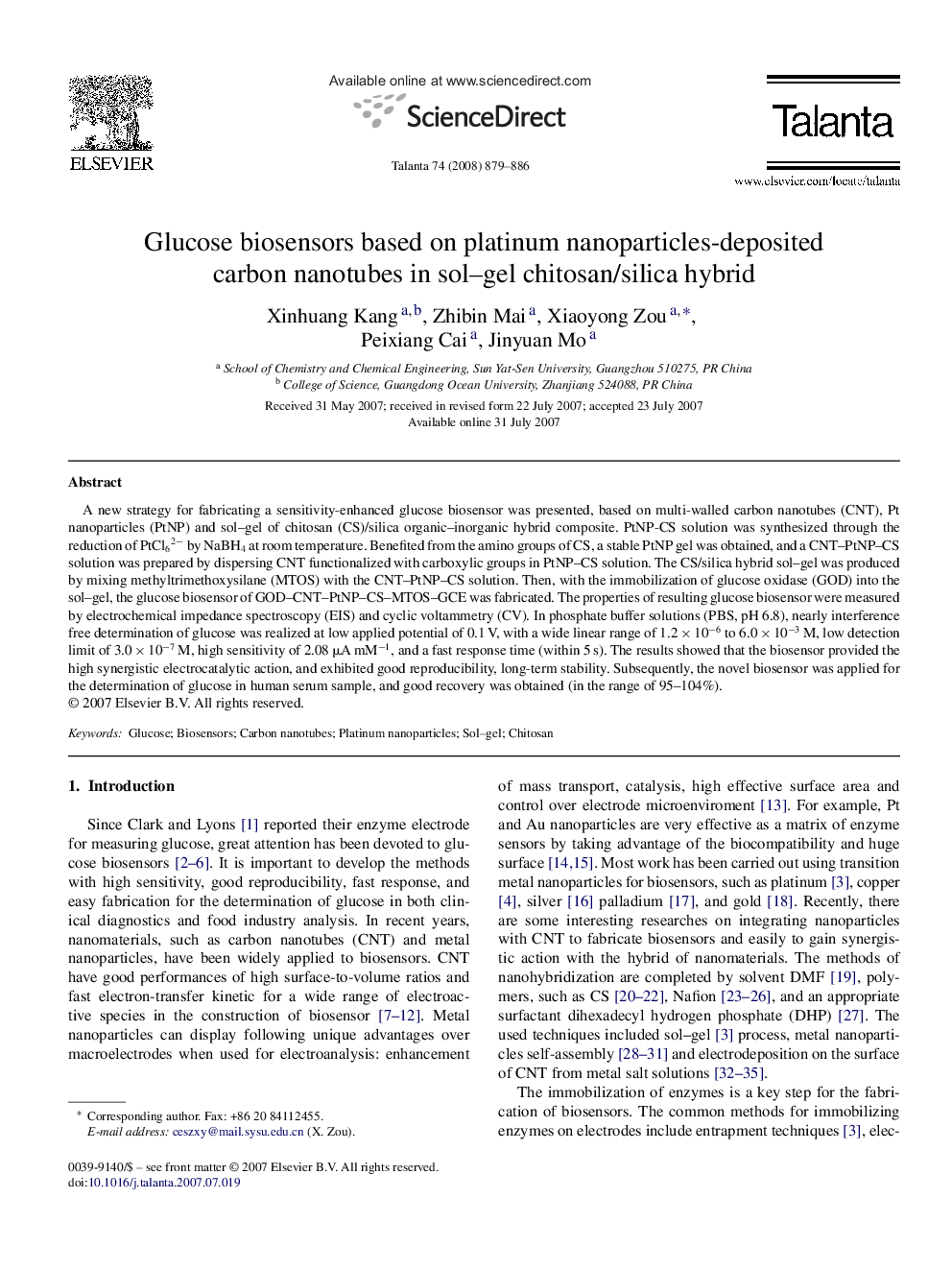 Glucose biosensors based on platinum nanoparticles-deposited carbon nanotubes in sol–gel chitosan/silica hybrid