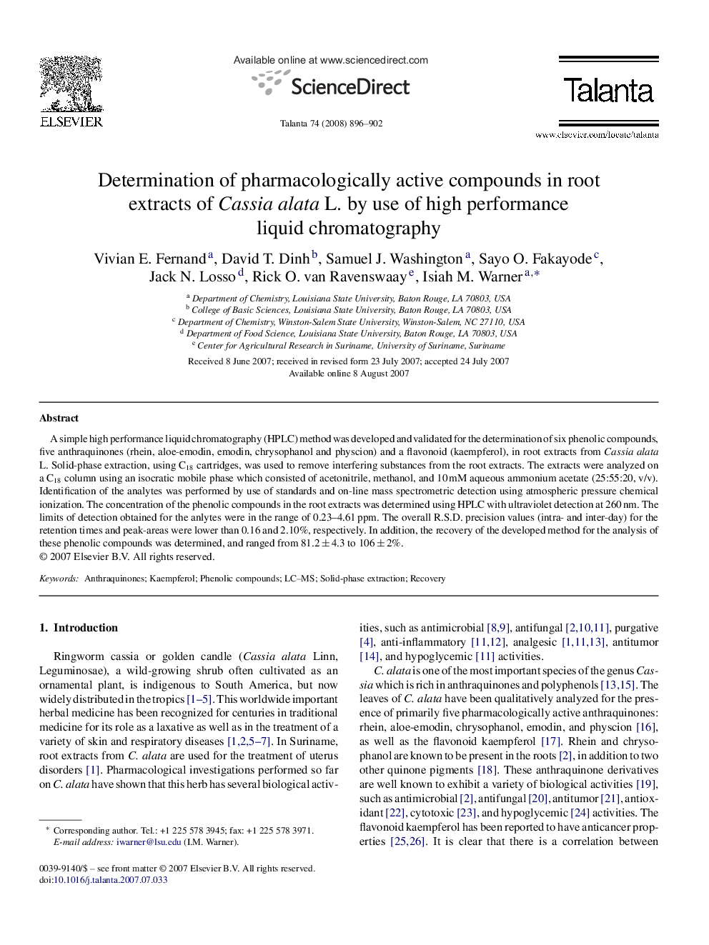 Determination of pharmacologically active compounds in root extracts of Cassia alata L. by use of high performance liquid chromatography