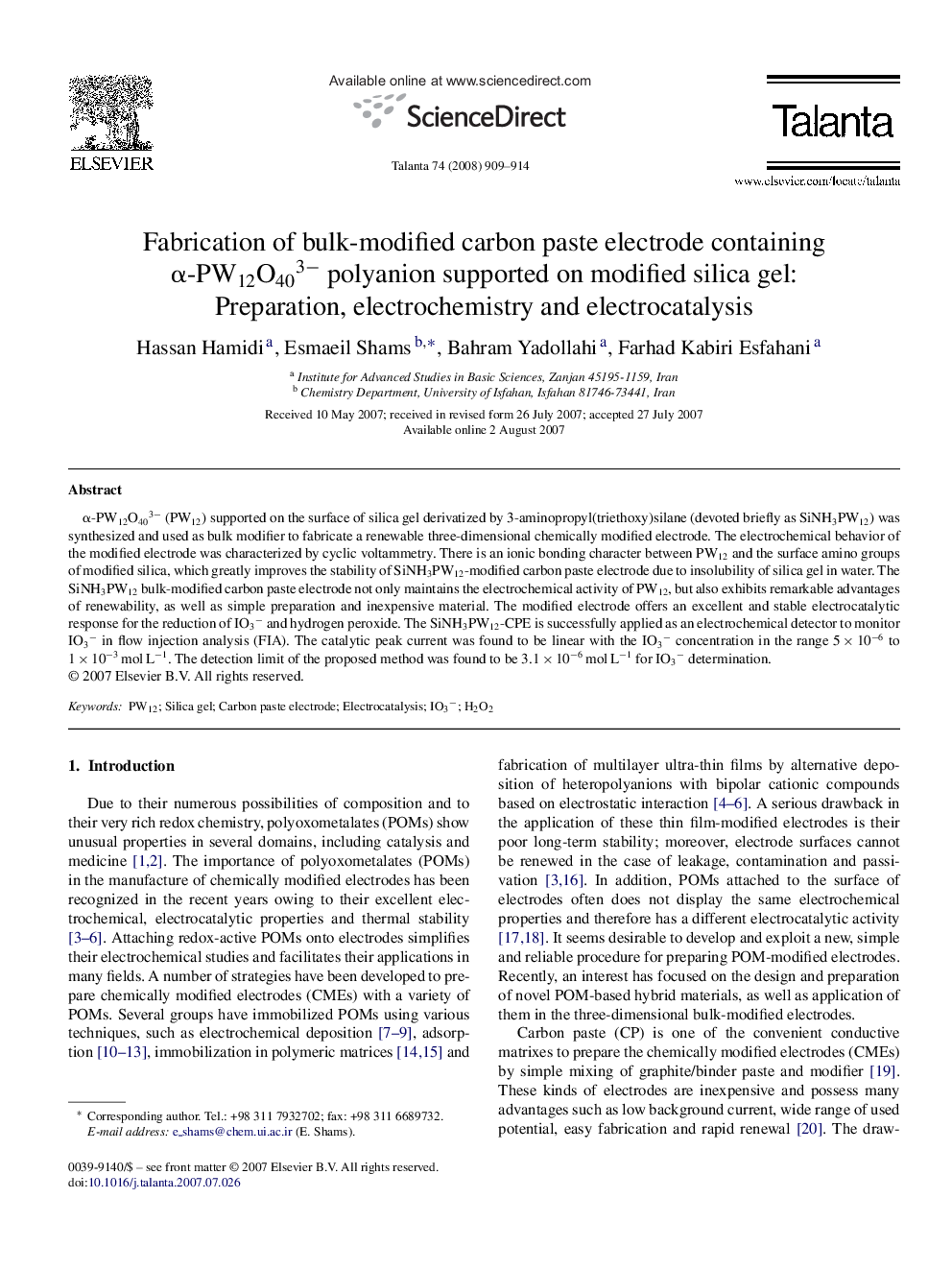 Fabrication of bulk-modified carbon paste electrode containing α-PW12O403− polyanion supported on modified silica gel: Preparation, electrochemistry and electrocatalysis