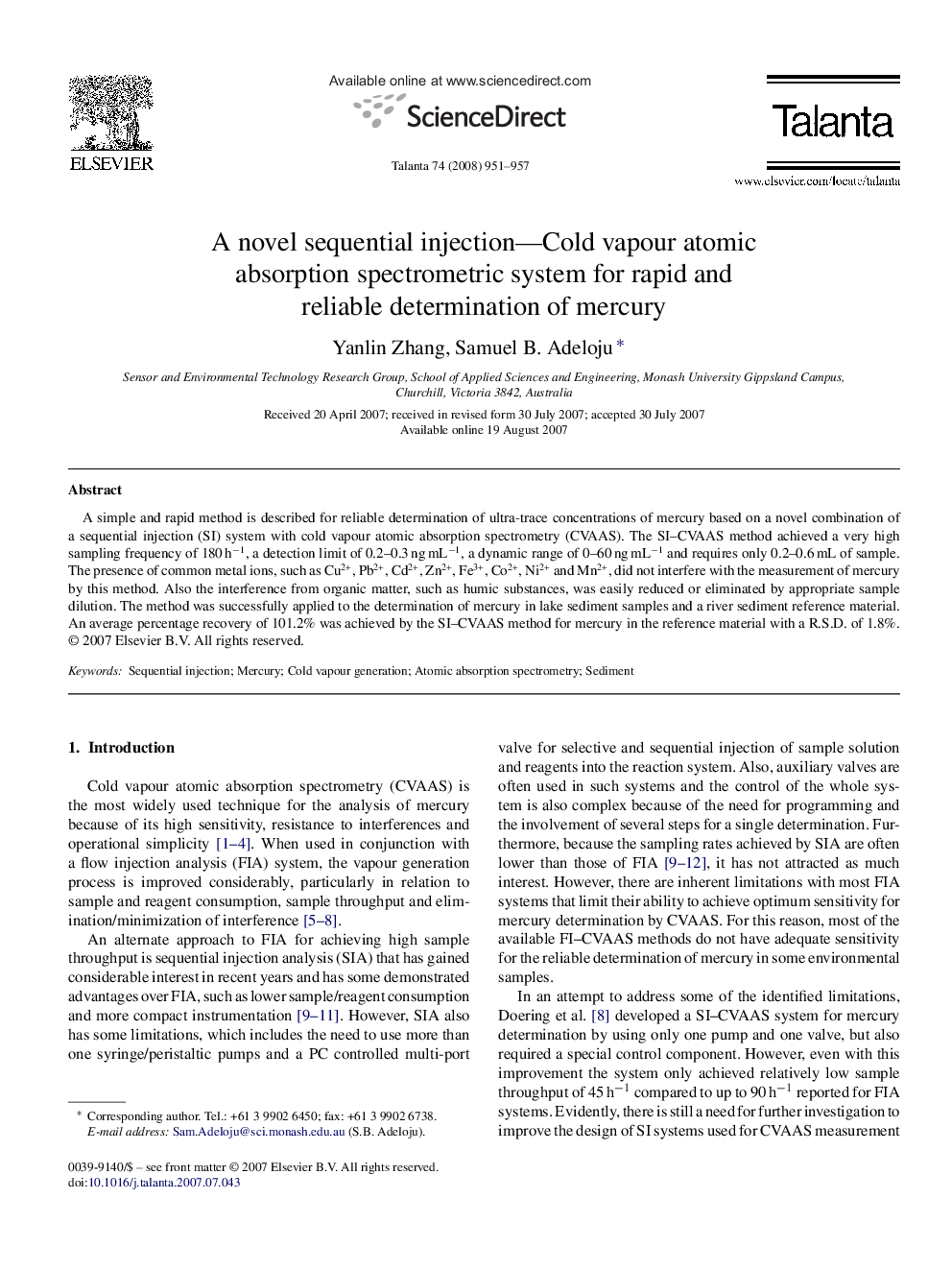 A novel sequential injection—Cold vapour atomic absorption spectrometric system for rapid and reliable determination of mercury