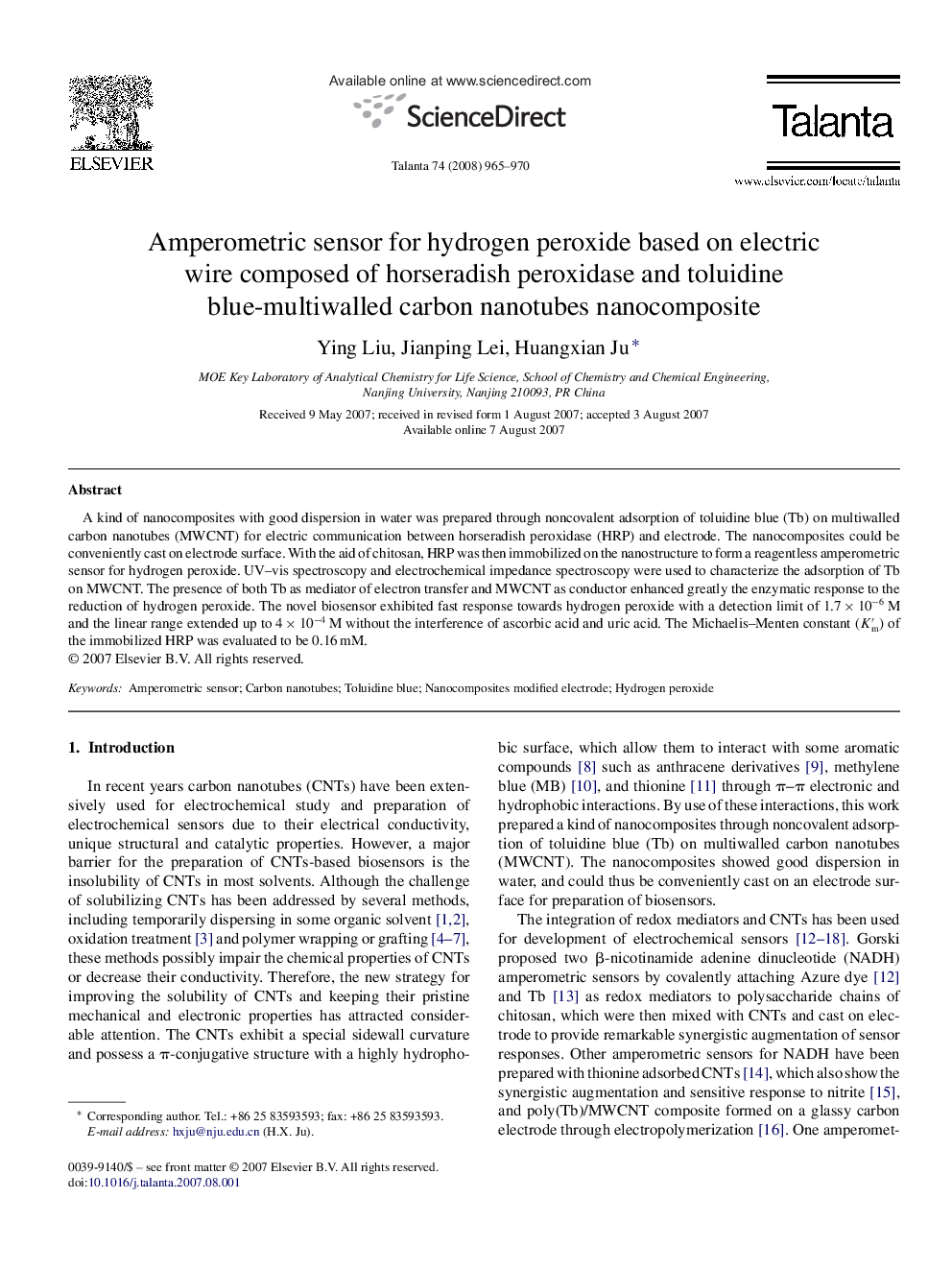 Amperometric sensor for hydrogen peroxide based on electric wire composed of horseradish peroxidase and toluidine blue-multiwalled carbon nanotubes nanocomposite