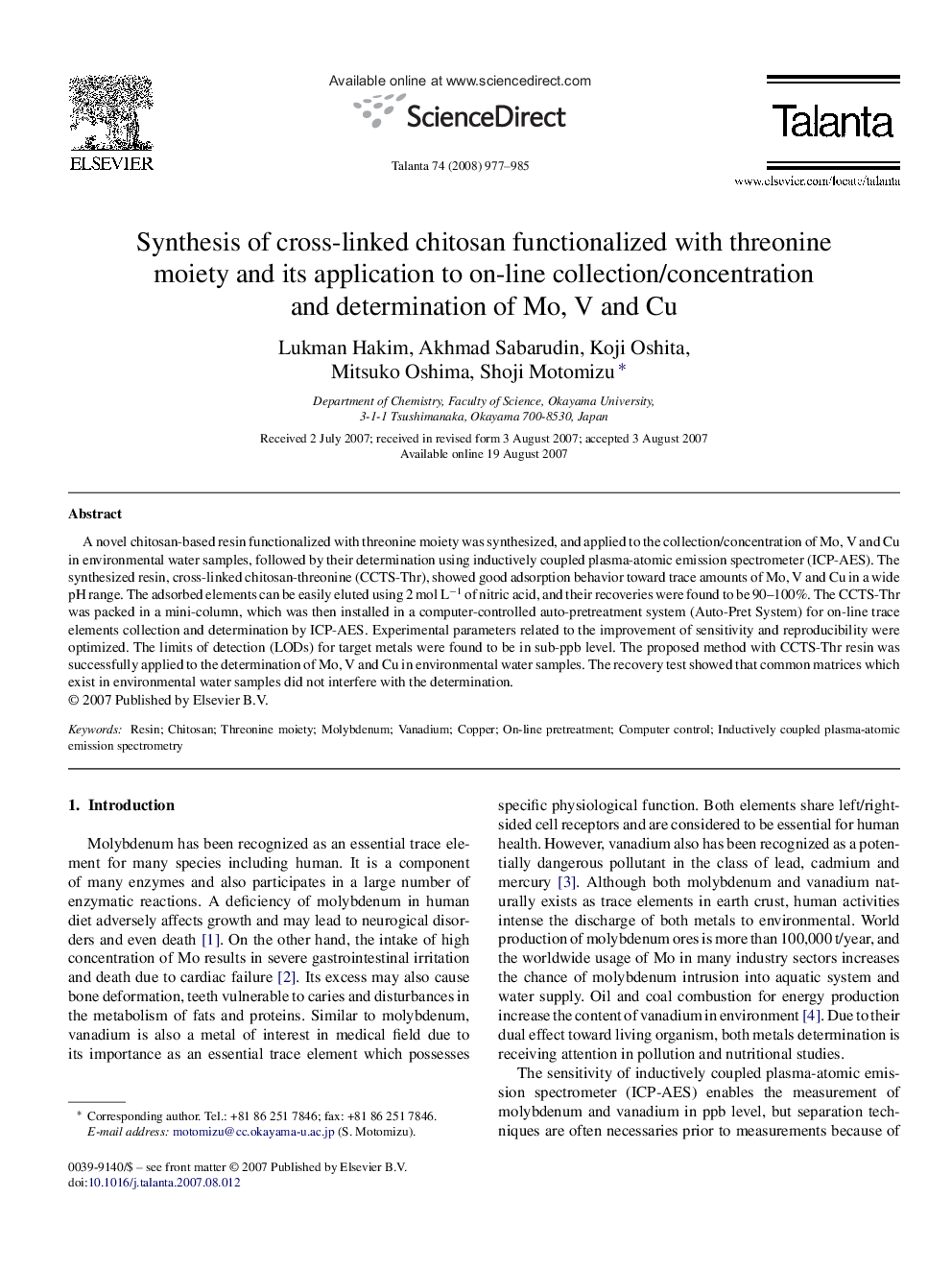 Synthesis of cross-linked chitosan functionalized with threonine moiety and its application to on-line collection/concentration and determination of Mo, V and Cu