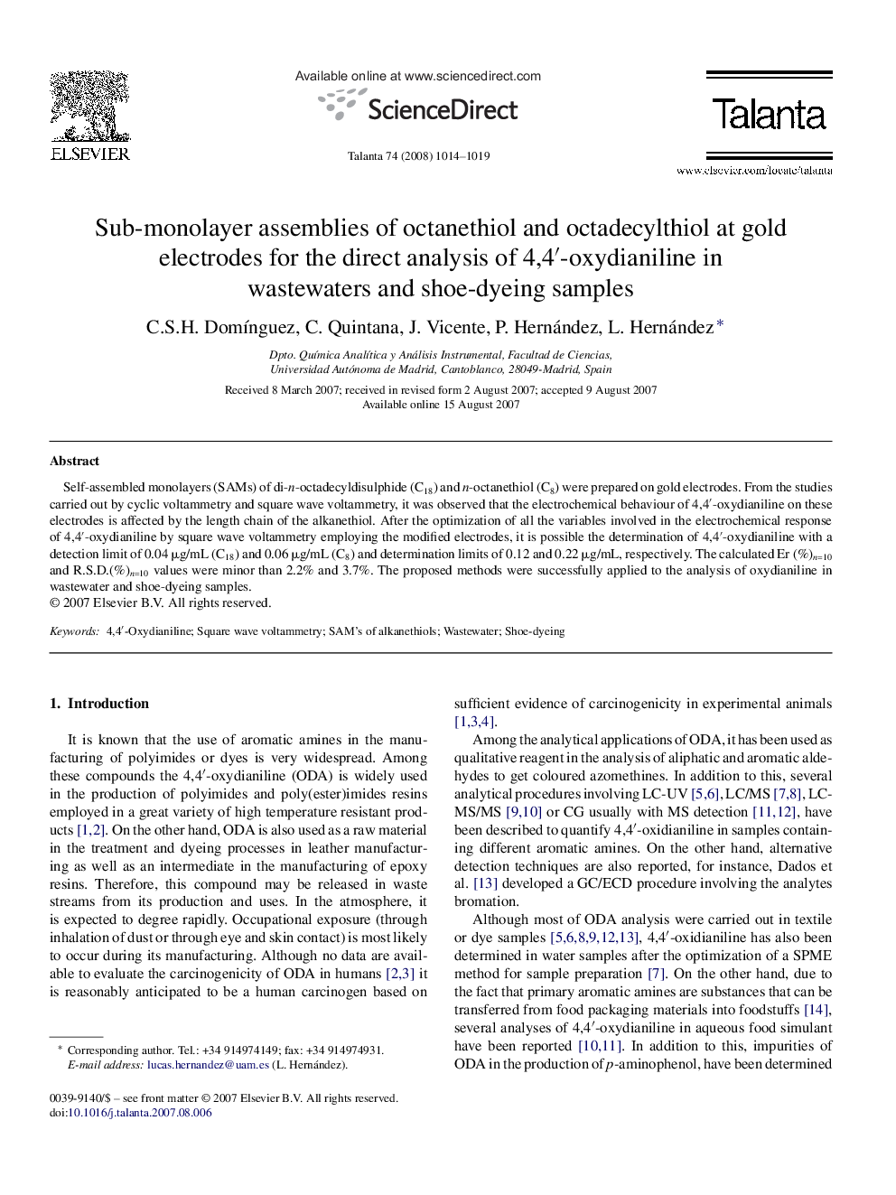 Sub-monolayer assemblies of octanethiol and octadecylthiol at gold electrodes for the direct analysis of 4,4â²-oxydianiline in wastewaters and shoe-dyeing samples