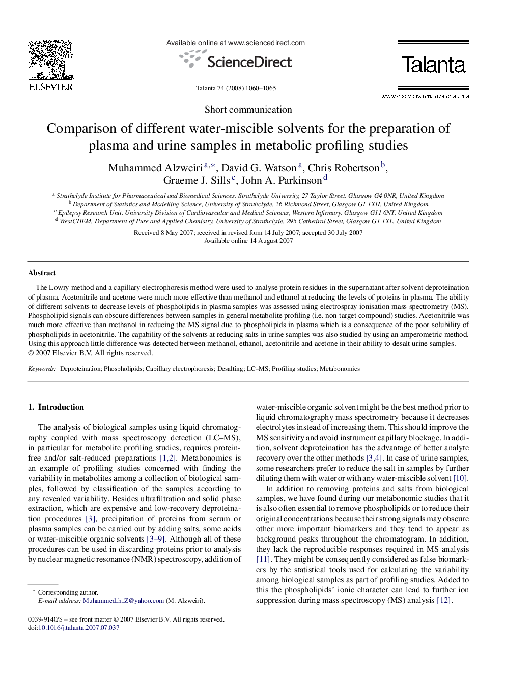 Comparison of different water-miscible solvents for the preparation of plasma and urine samples in metabolic profiling studies