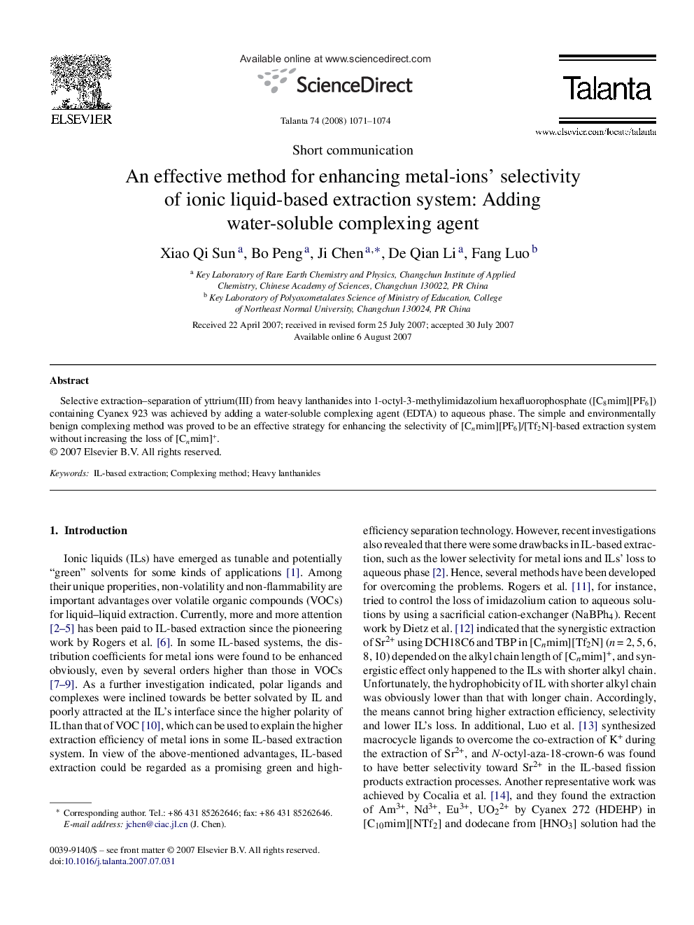 An effective method for enhancing metal-ions’ selectivity of ionic liquid-based extraction system: Adding water-soluble complexing agent