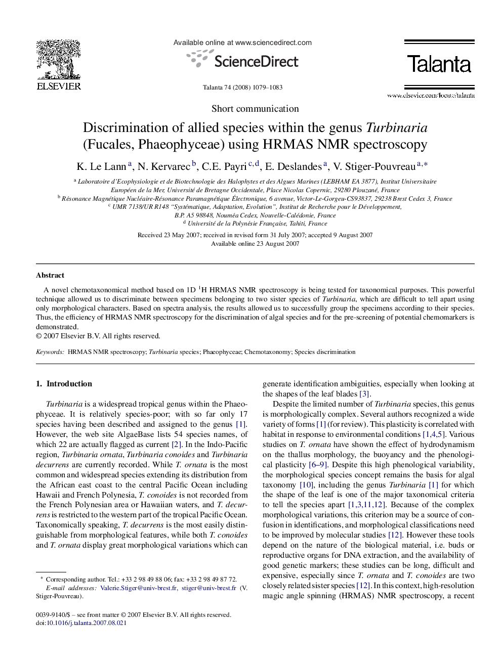 Discrimination of allied species within the genus Turbinaria (Fucales, Phaeophyceae) using HRMAS NMR spectroscopy