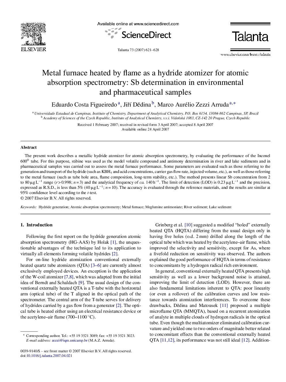 Metal furnace heated by flame as a hydride atomizer for atomic absorption spectrometry: Sb determination in environmental and pharmaceutical samples