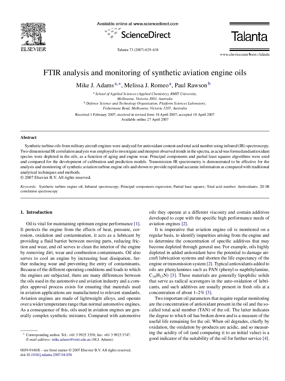 FTIR analysis and monitoring of synthetic aviation engine oils