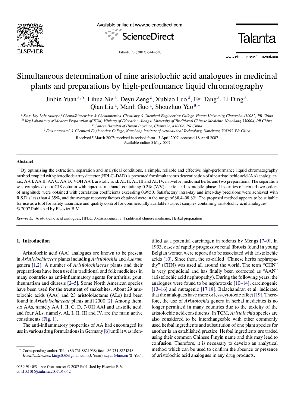 Simultaneous determination of nine aristolochic acid analogues in medicinal plants and preparations by high-performance liquid chromatography