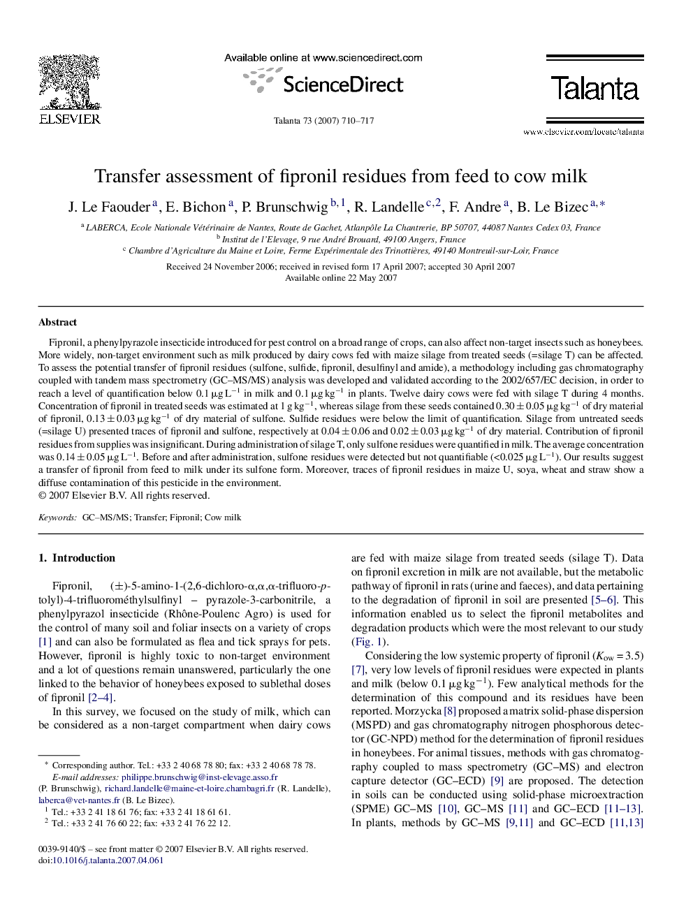 Transfer assessment of fipronil residues from feed to cow milk