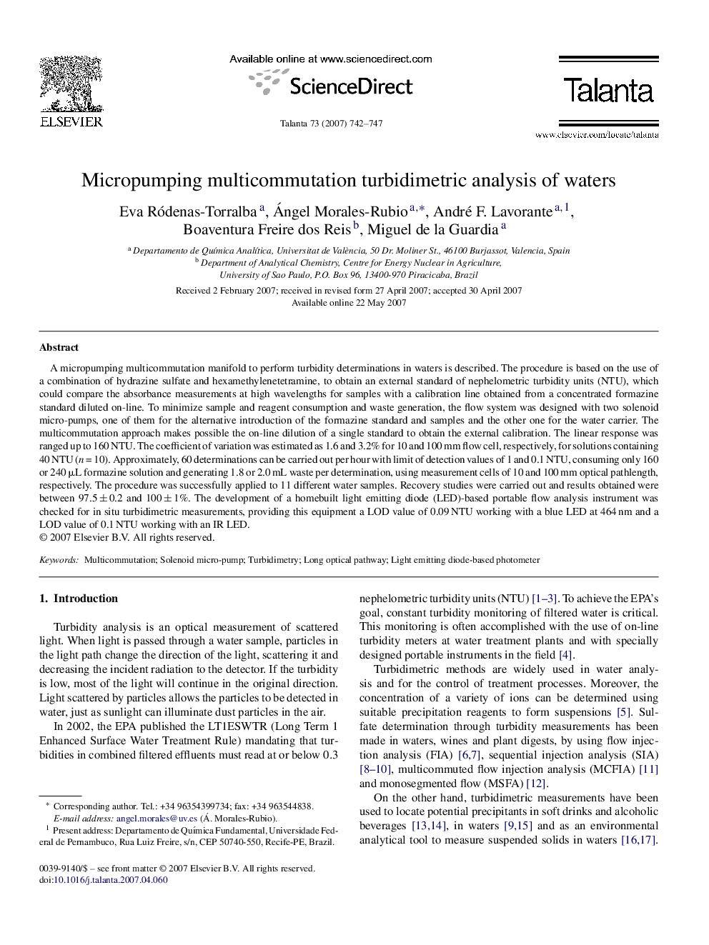 Micropumping multicommutation turbidimetric analysis of waters