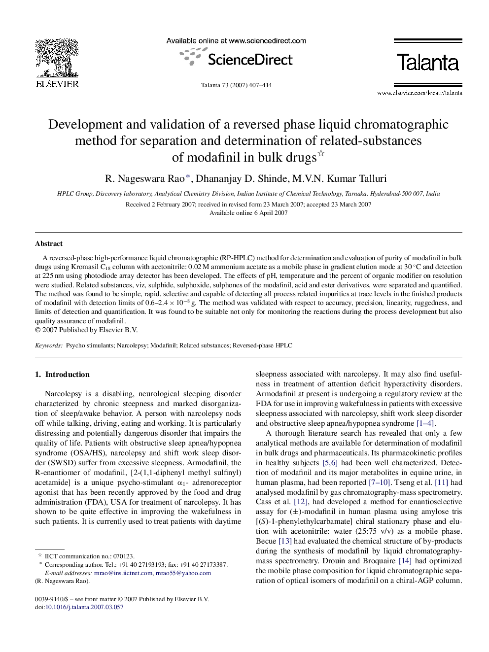 Development and validation of a reversed phase liquid chromatographic method for separation and determination of related-substances of modafinil in bulk drugs 