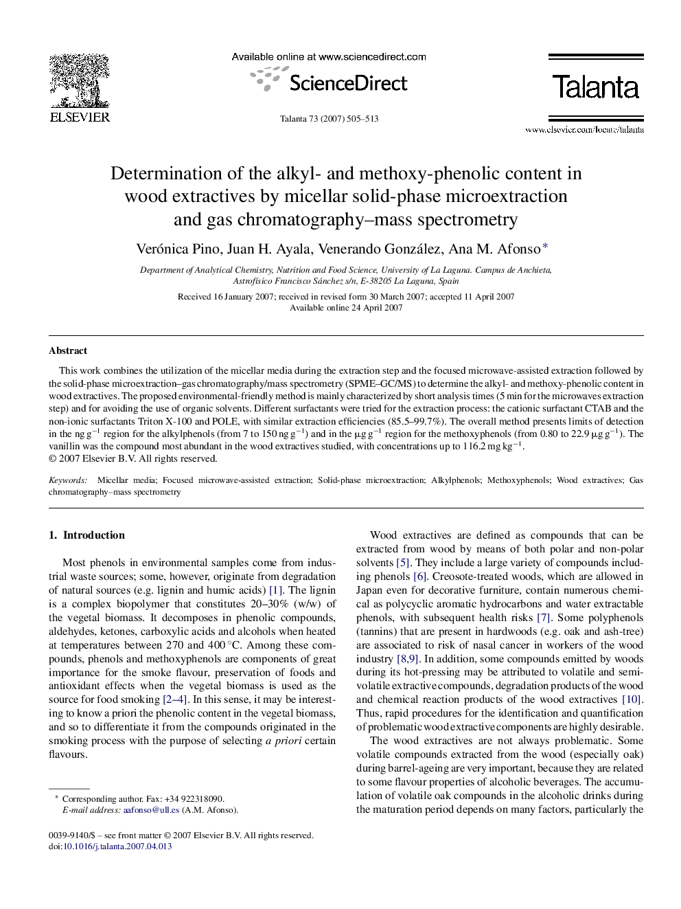 Determination of the alkyl- and methoxy-phenolic content in wood extractives by micellar solid-phase microextraction and gas chromatography–mass spectrometry