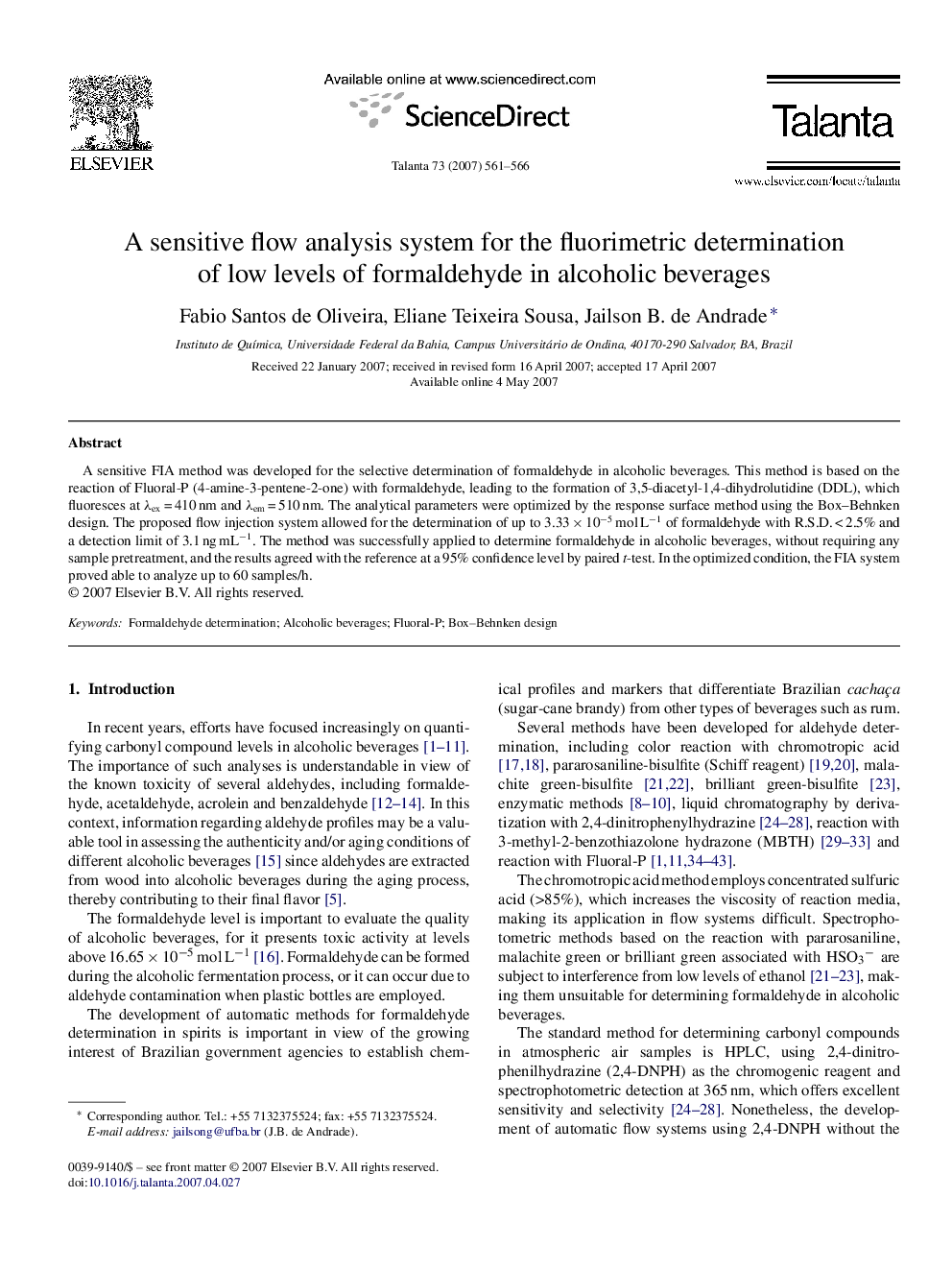 A sensitive flow analysis system for the fluorimetric determination of low levels of formaldehyde in alcoholic beverages