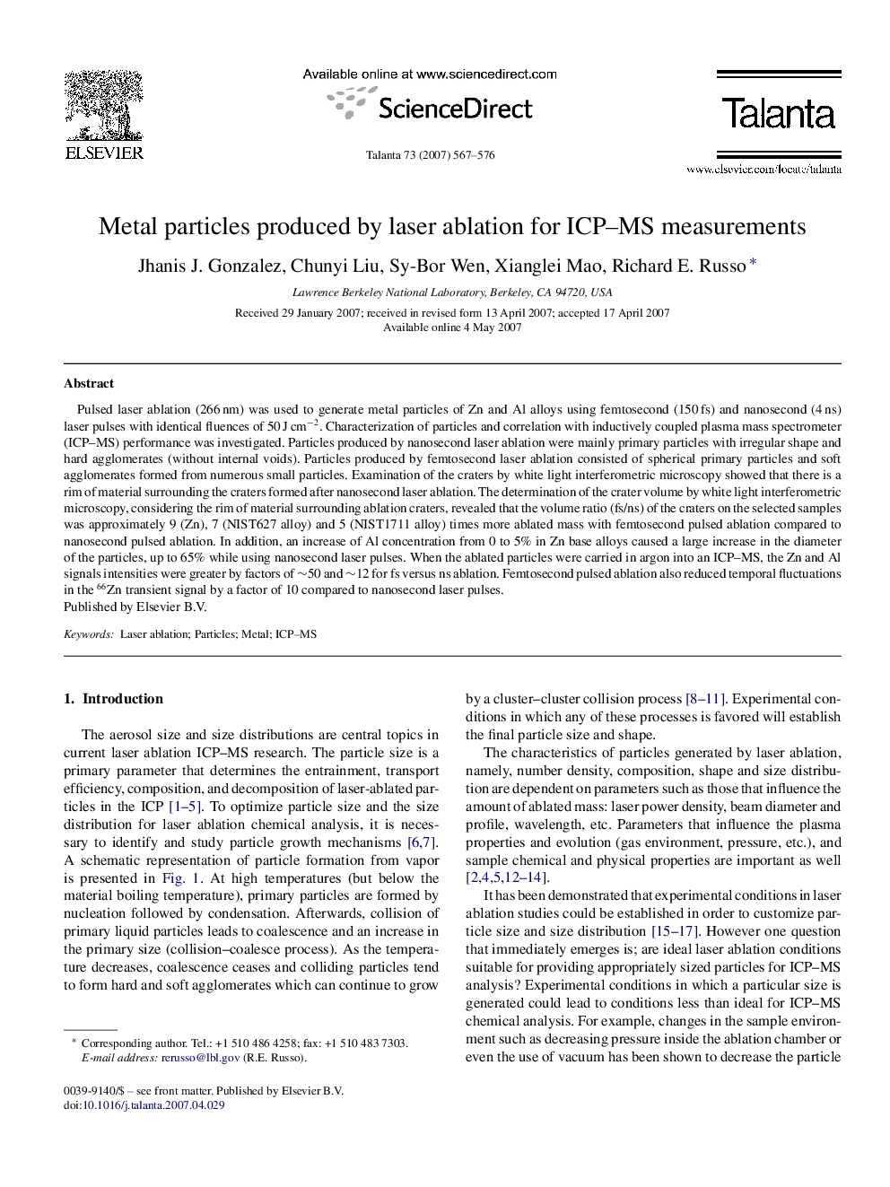 Metal particles produced by laser ablation for ICP–MS measurements