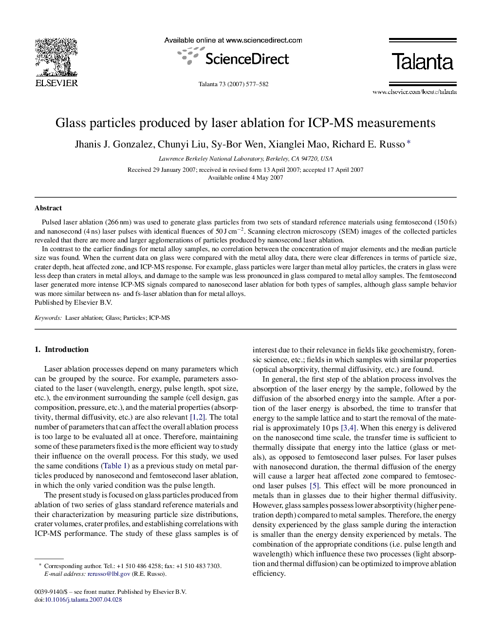 Glass particles produced by laser ablation for ICP-MS measurements