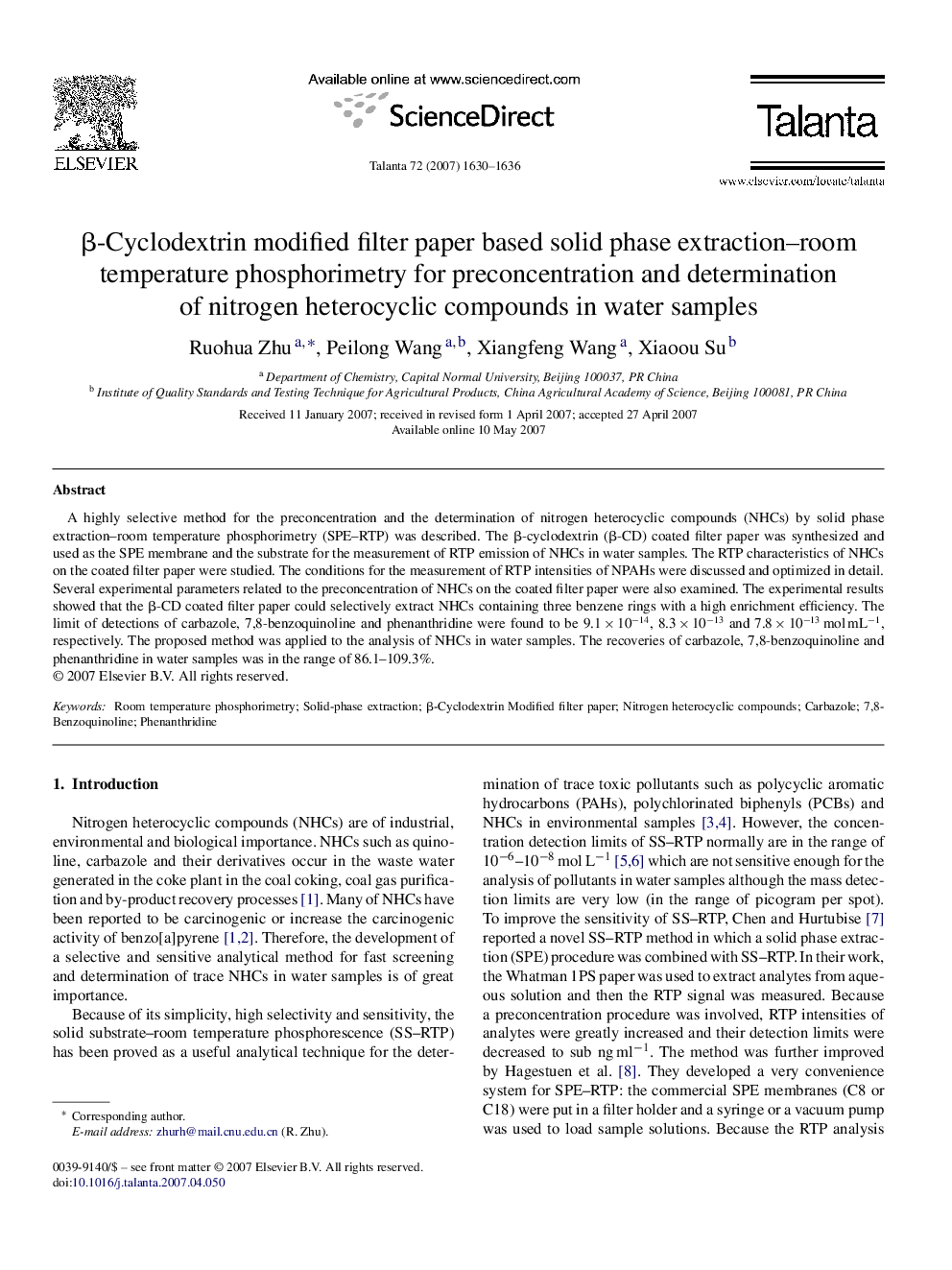 β-Cyclodextrin modified filter paper based solid phase extraction–room temperature phosphorimetry for preconcentration and determination of nitrogen heterocyclic compounds in water samples