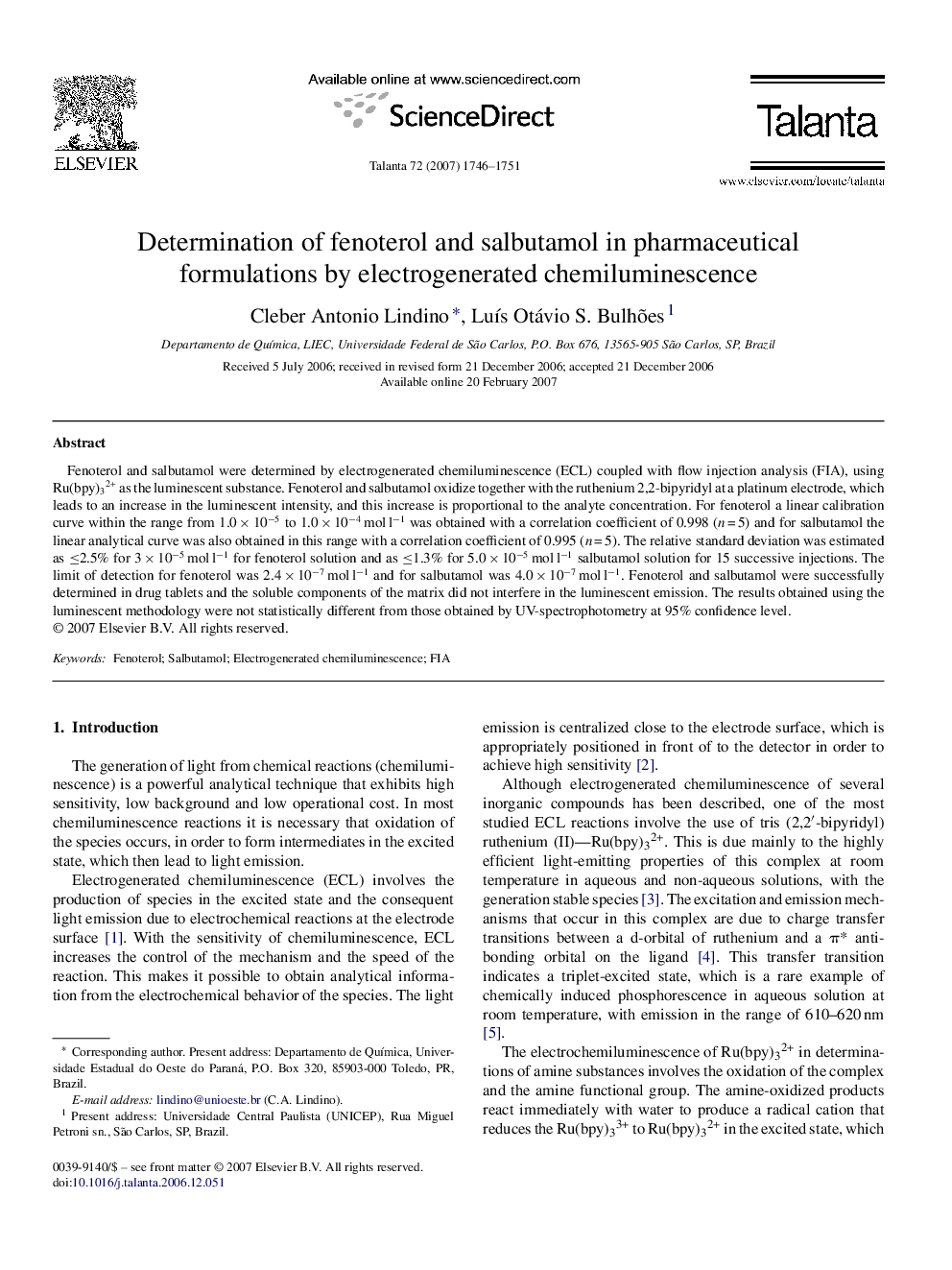 Determination of fenoterol and salbutamol in pharmaceutical formulations by electrogenerated chemiluminescence