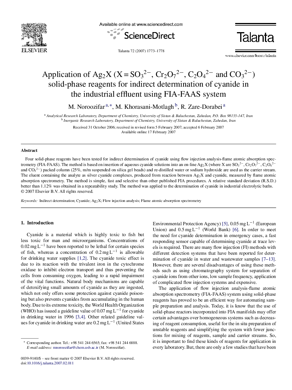 Application of Ag2X (XÂ =Â SO32â, Cr2O72â, C2O42â and CO32â) solid-phase reagents for indirect determination of cyanide in the industrial effluent using FIA-FAAS system