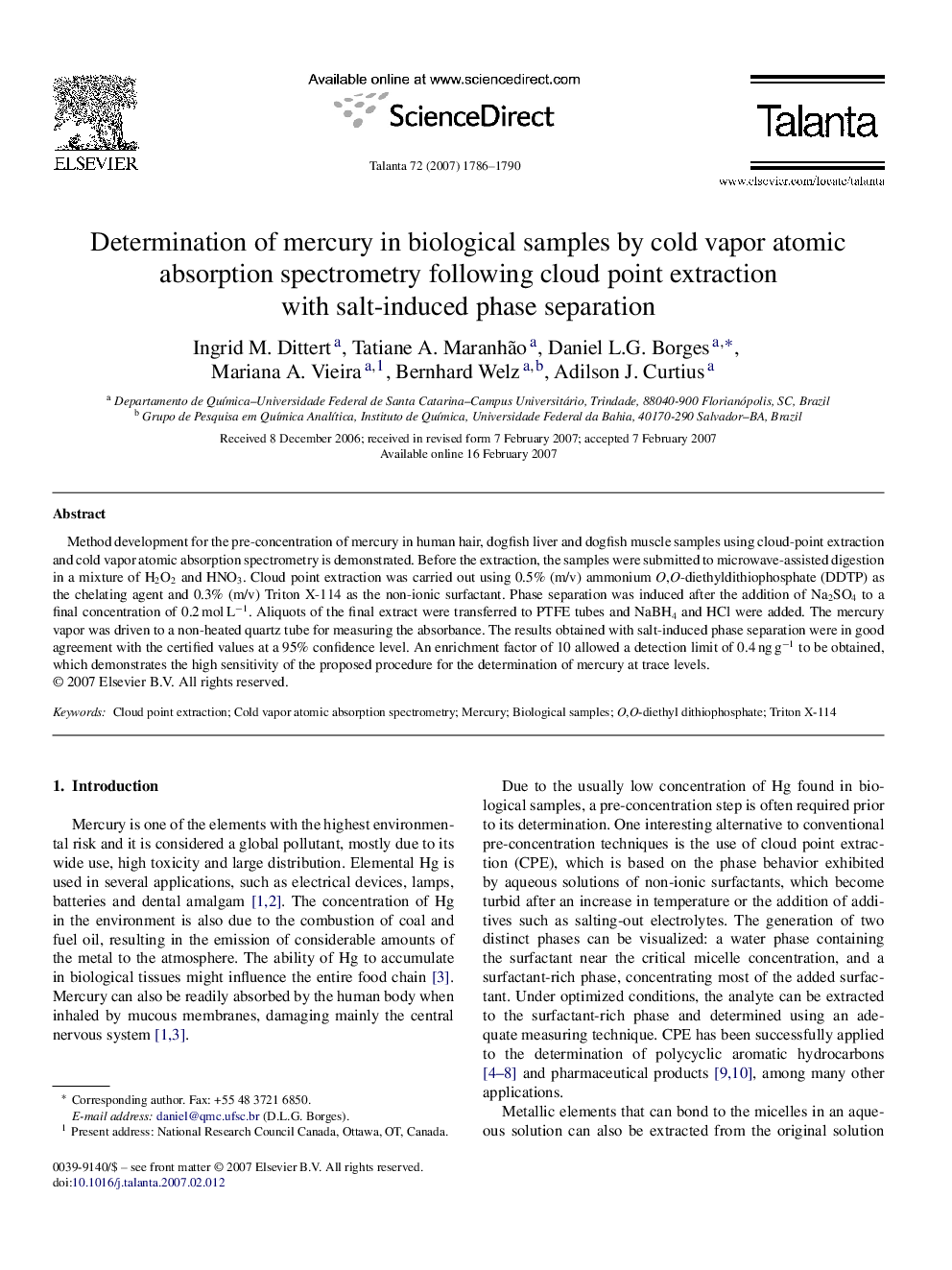 Determination of mercury in biological samples by cold vapor atomic absorption spectrometry following cloud point extraction with salt-induced phase separation